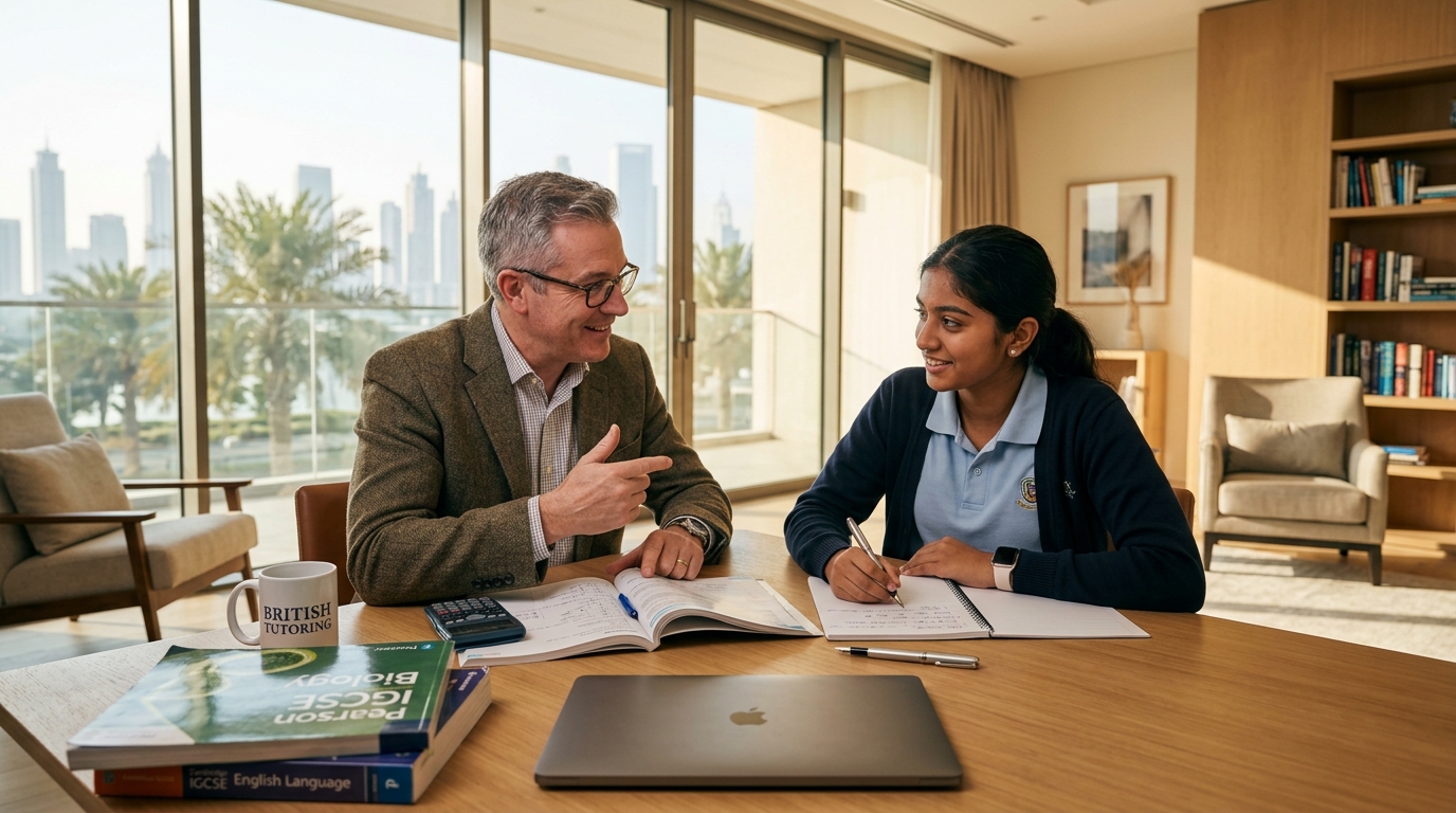 Expert British curriculum tutor guiding a student with IGCSE and A-Level coursework in the UAE