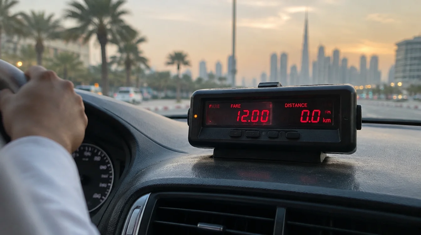 Dubai taxi meter showing starting minimum fare before distance travelled