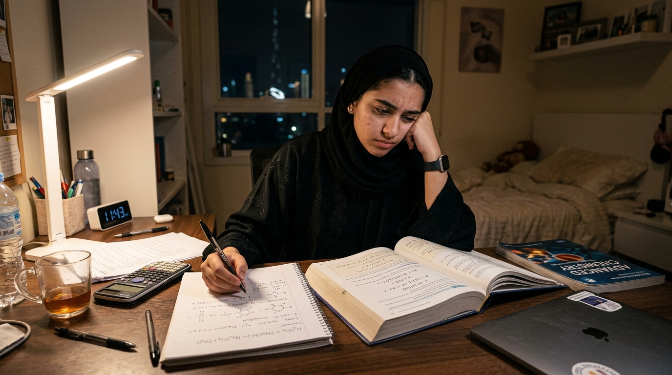 Frustrated student studying chemistry late at night
