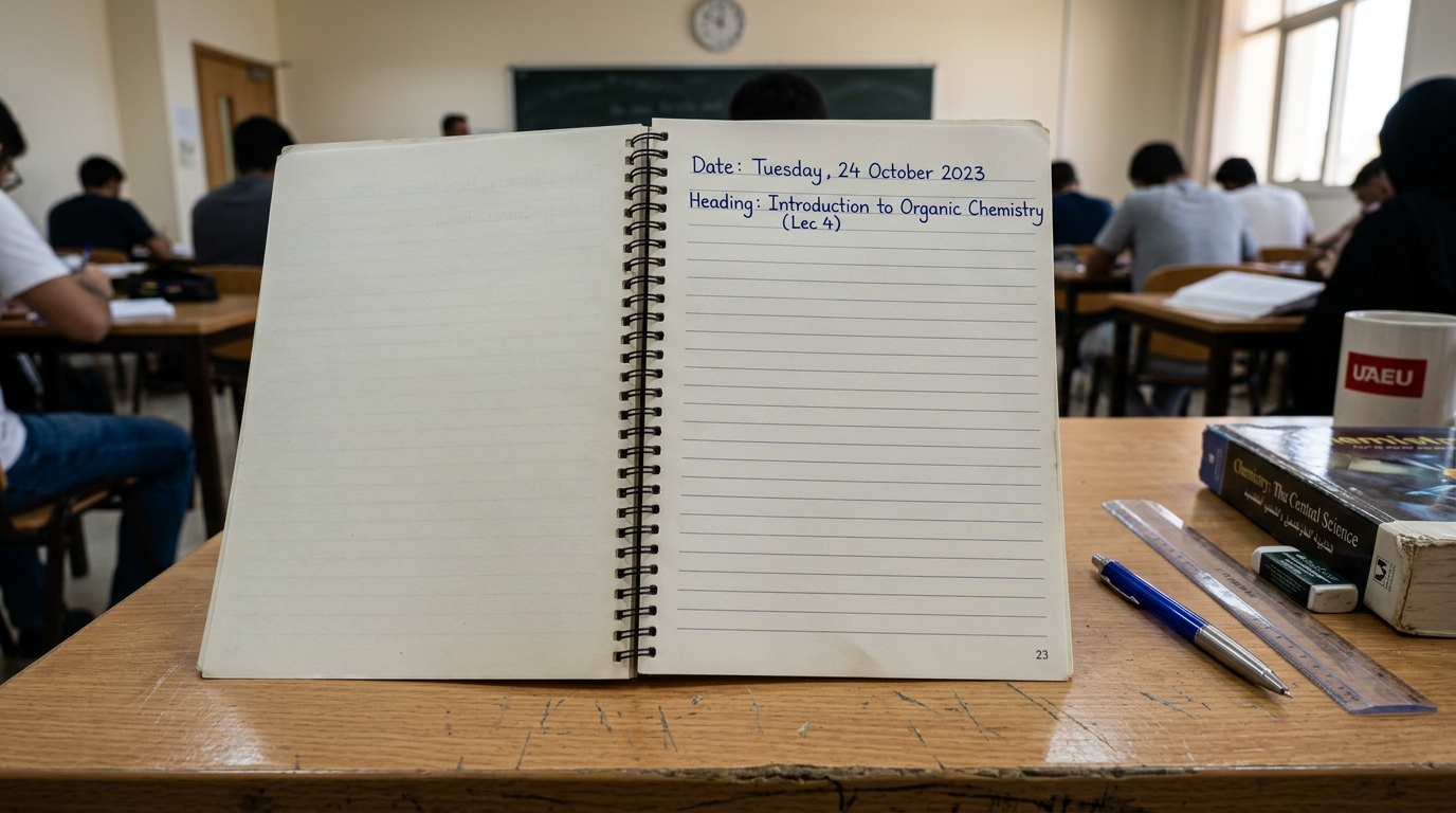 Close up of a very neat but almost completely empty chemistry notebook page