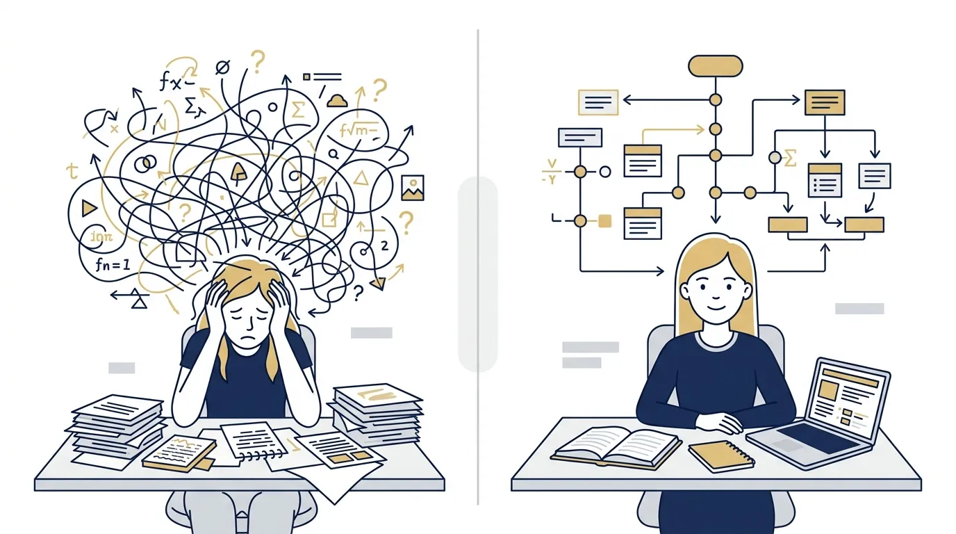 Cognitive overload diagram showing how a student's working memory gets overwhelmed by memorised past paper methods