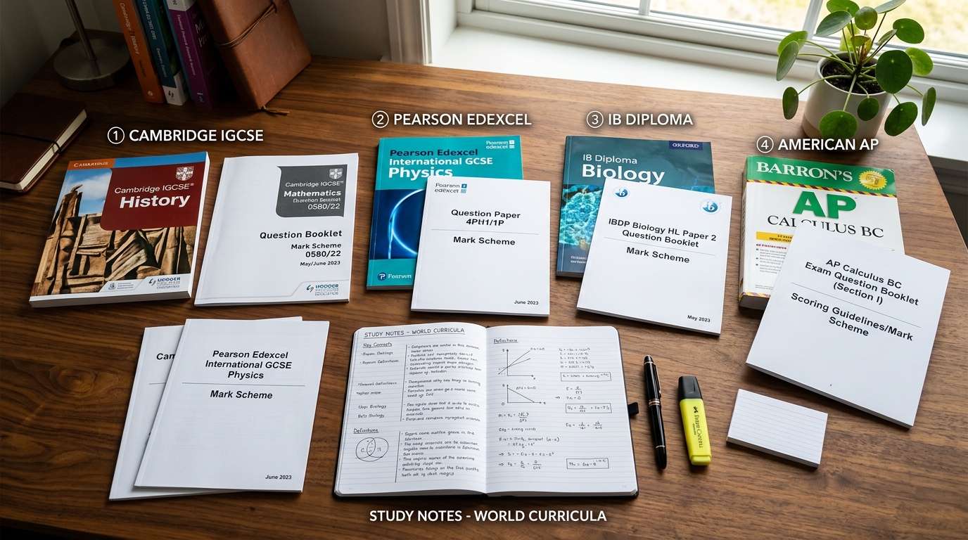 Curriculum board alignment showing Cambridge IGCSE, Pearson Edexcel, IB Diploma, and American AP materials