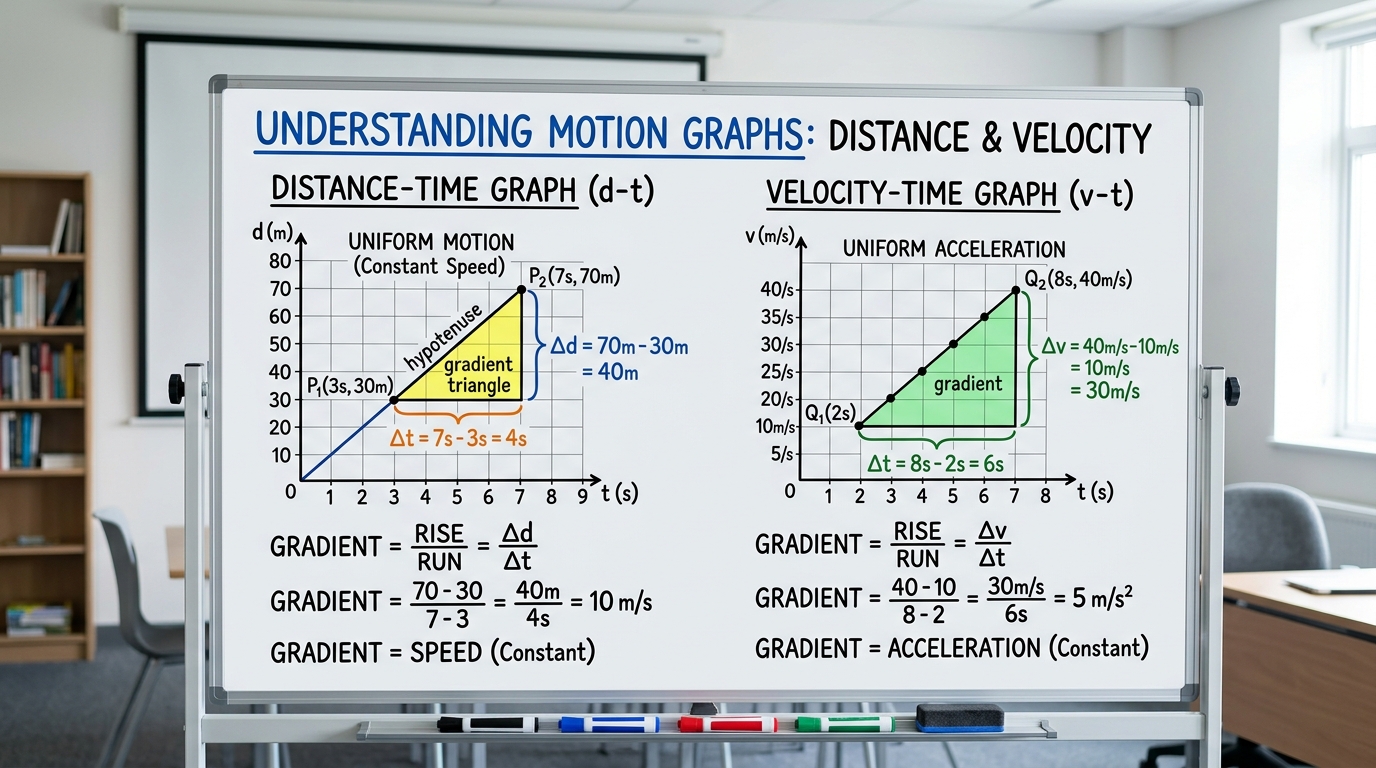 Whiteboard illustration comparing distance-time and velocity-time gradient calculation in IGCSE Physics