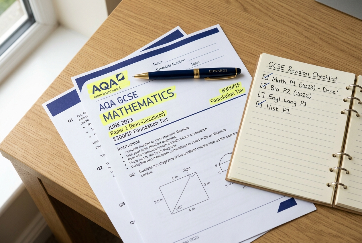 Close-up top-down view of GCSE past exam papers, a notepad with a revision checklist, and a pen on a clean desk