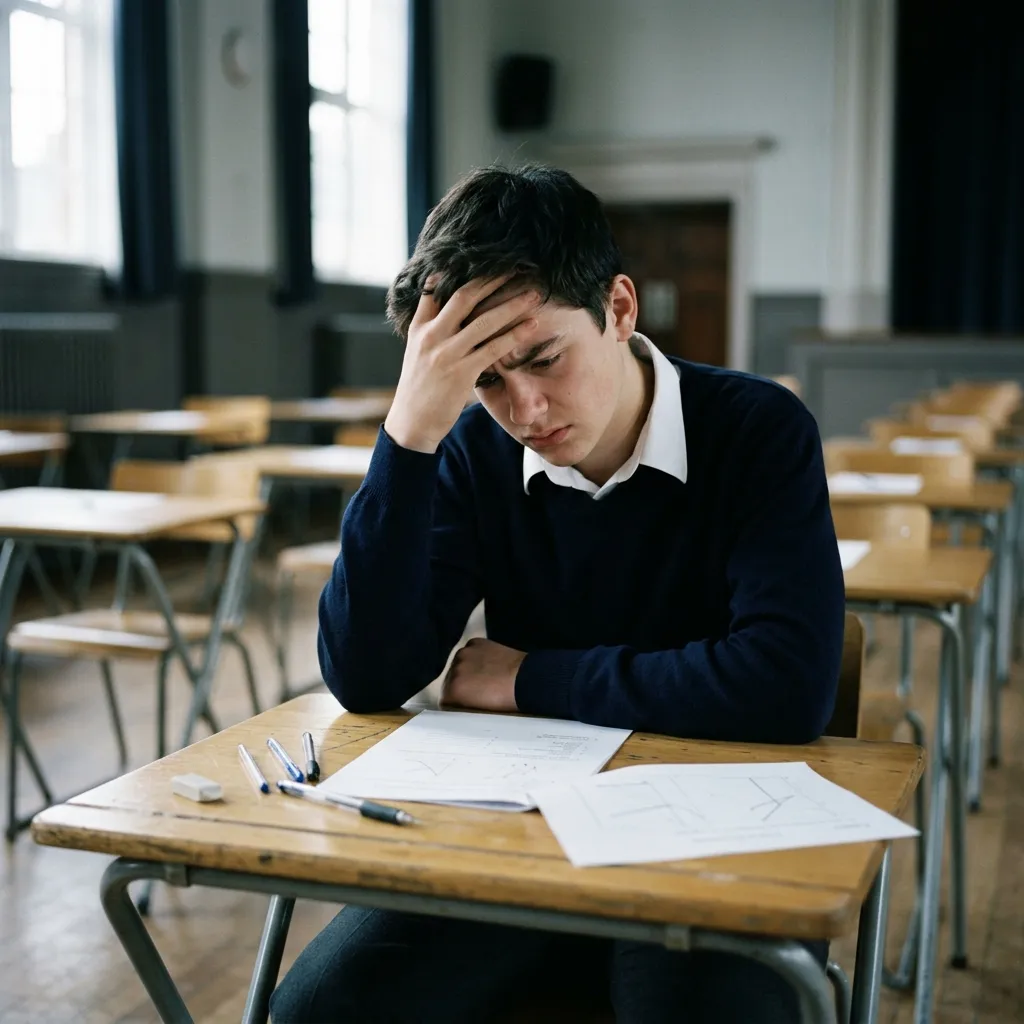 UAE student looking stressed in an exam hall, highlighting the pressure of traditional timed exams