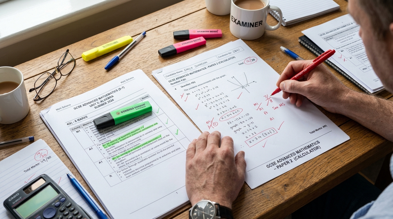 Official GCSE mathematics past paper being graded against an examiner mark scheme showing mark drops in later questions