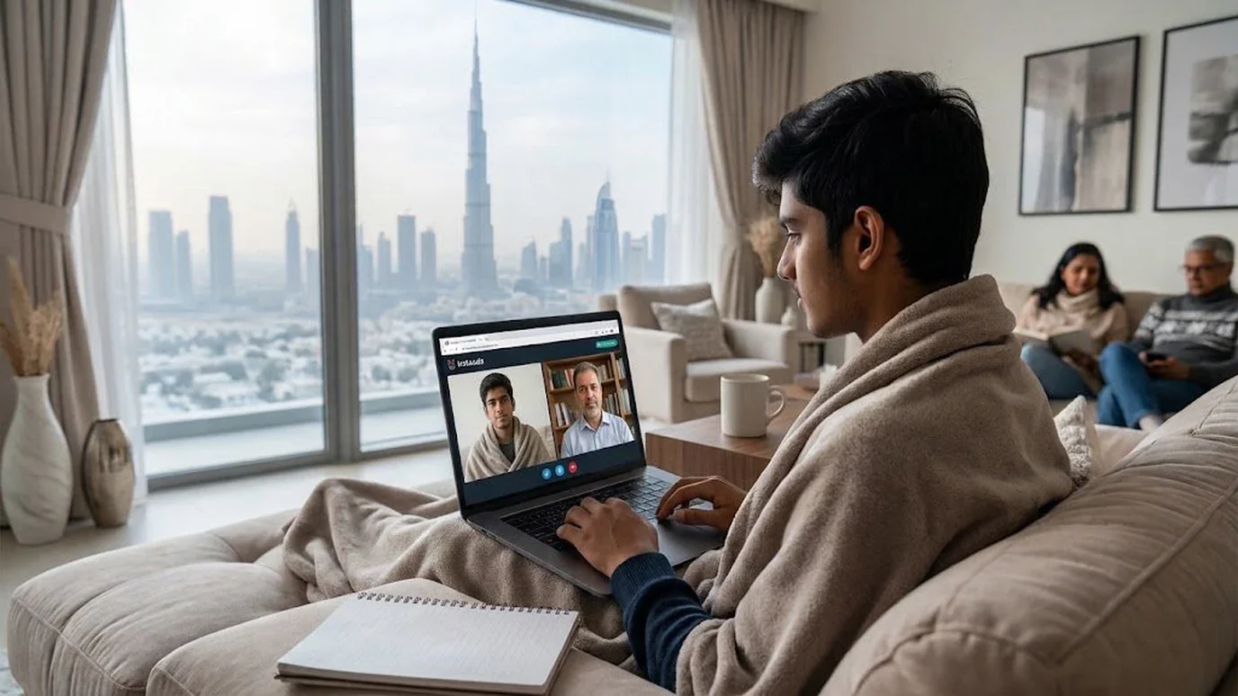 UAE student completing a short winter break session while parents relax nearby in a Dubai home