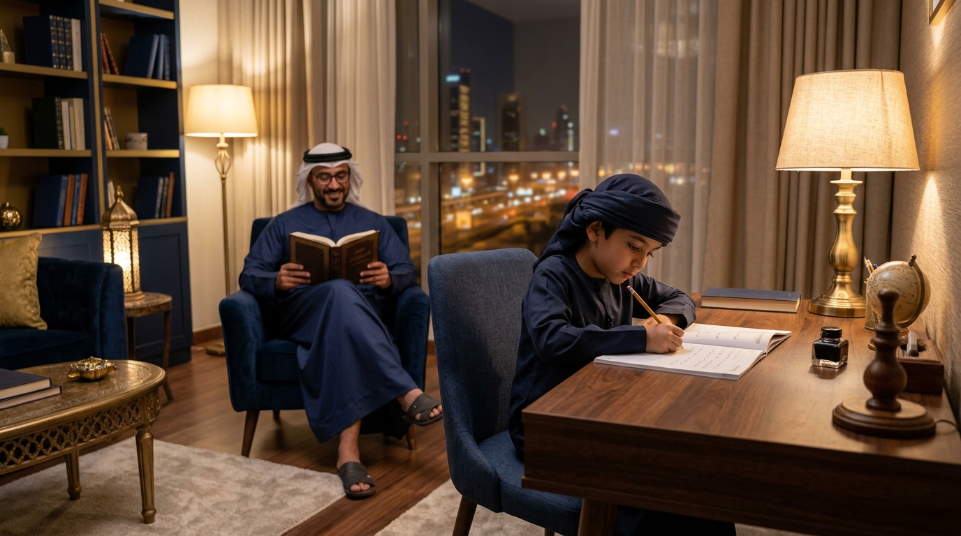 UAE parent sitting nearby while a child works through homework independently at a desk