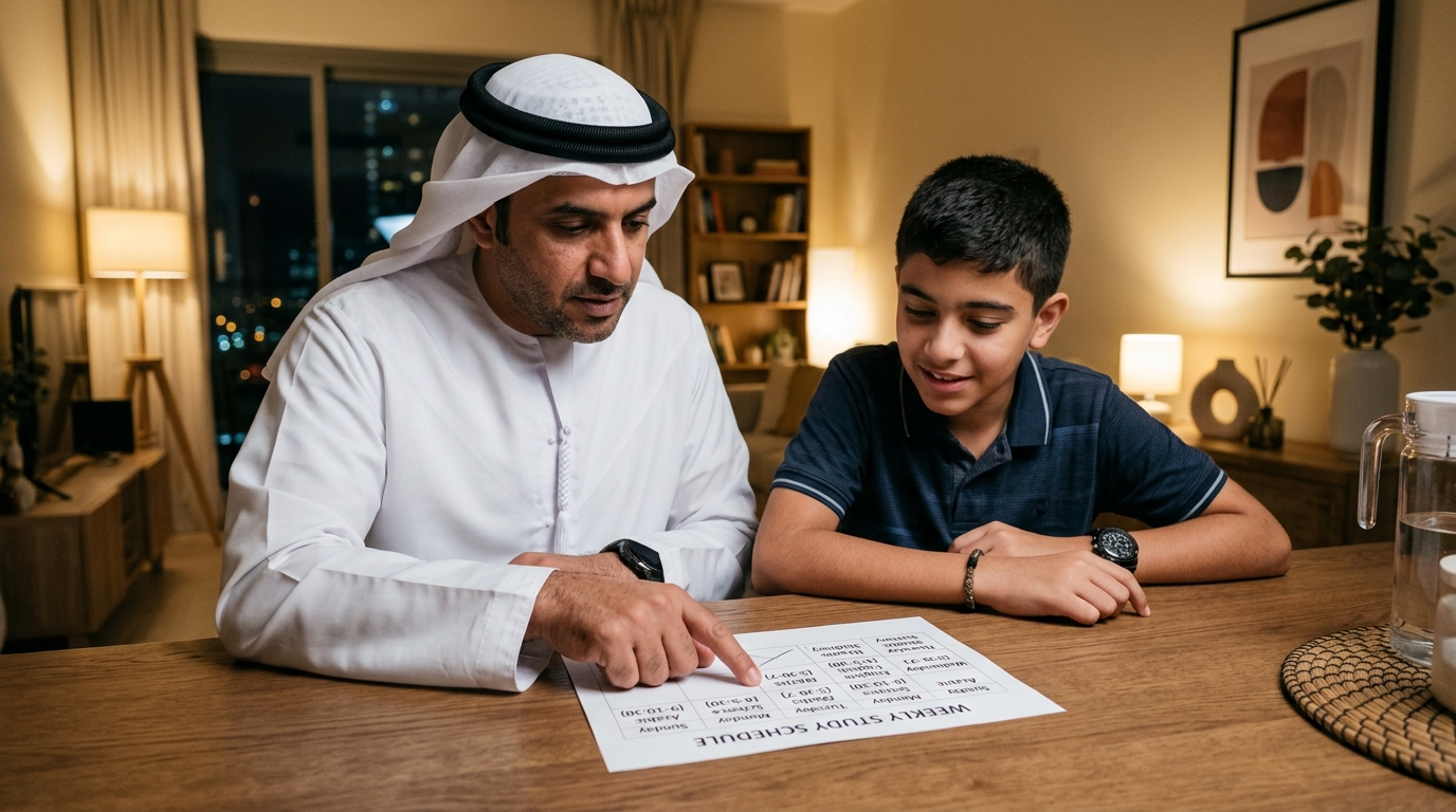 A UAE parent and child reviewing a structured tutoring timetable at the kitchen table