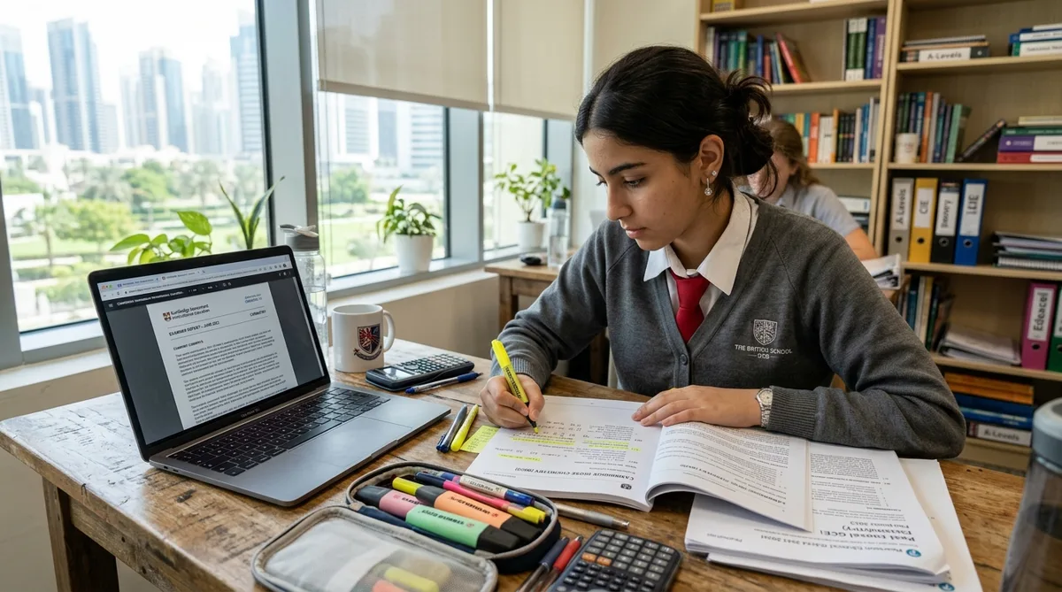 Secondary school student in the UAE reviewing an official Cambridge examiner report alongside past paper questions