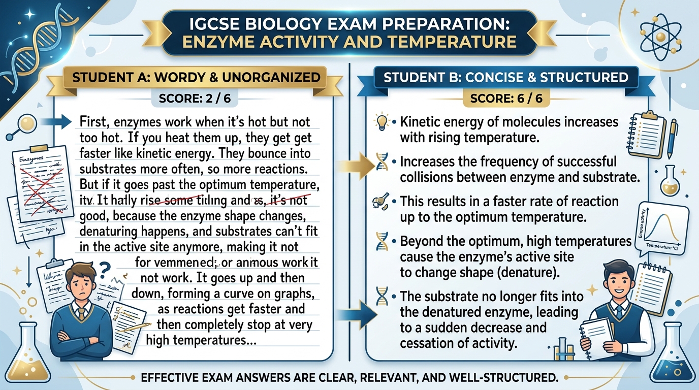 IGCSE Biology 6-mark answer comparison, long answer scoring 2 out of 6 beside a short answer scoring 6 out of 6, Ustaad UAE.