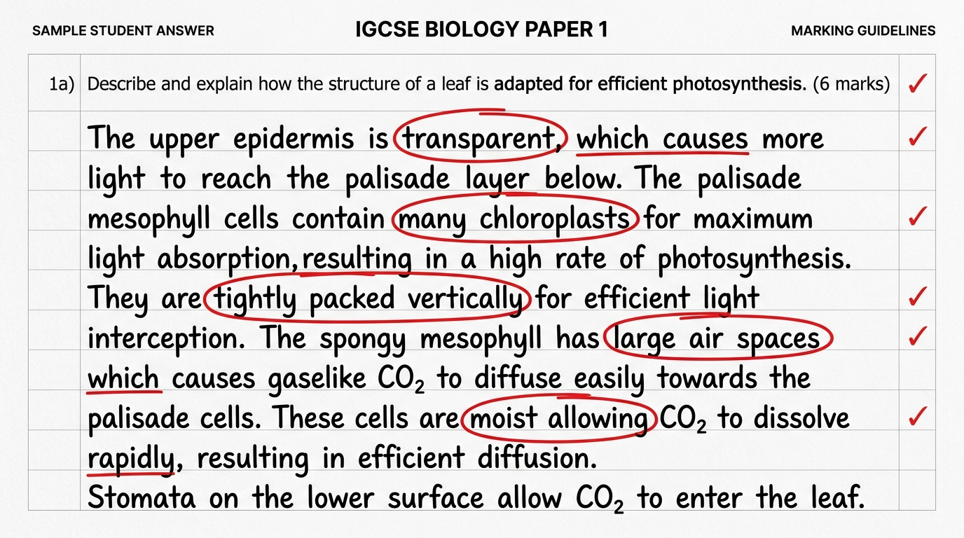 IGCSE Biology 6-mark question with six mark-scheme points circled and six linking phrases underlined in a model answer, Ustaad UAE.