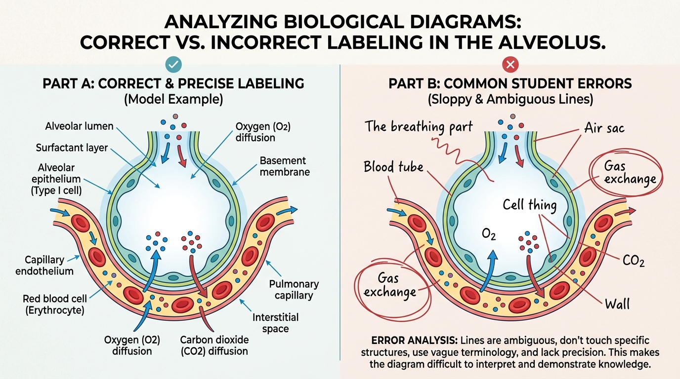 IGCSE Biology alveolus and capillary diagrams, correct labelling next to common student labelling errors, Ustaad UAE.