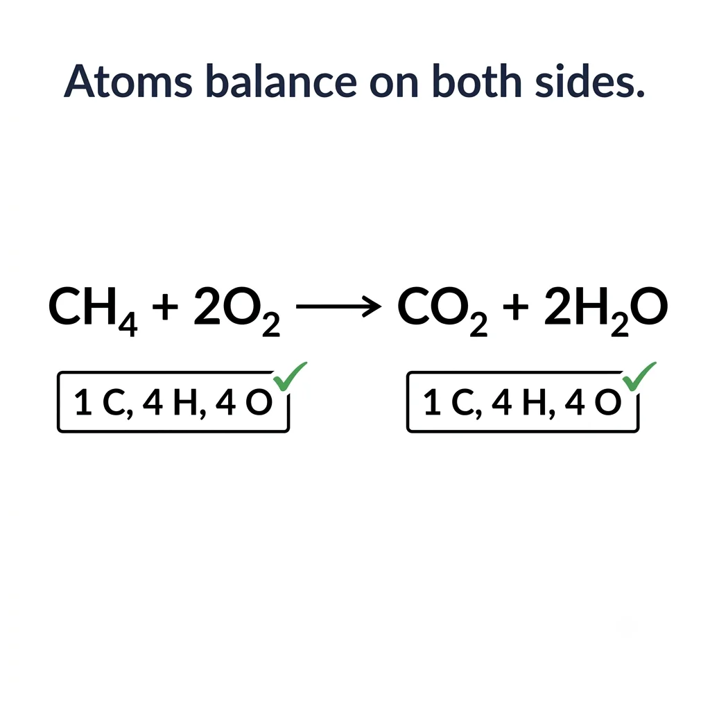 Balanced combustion equation for methane in IGCSE Chemistry showing atom counts on both sides of the arrow.