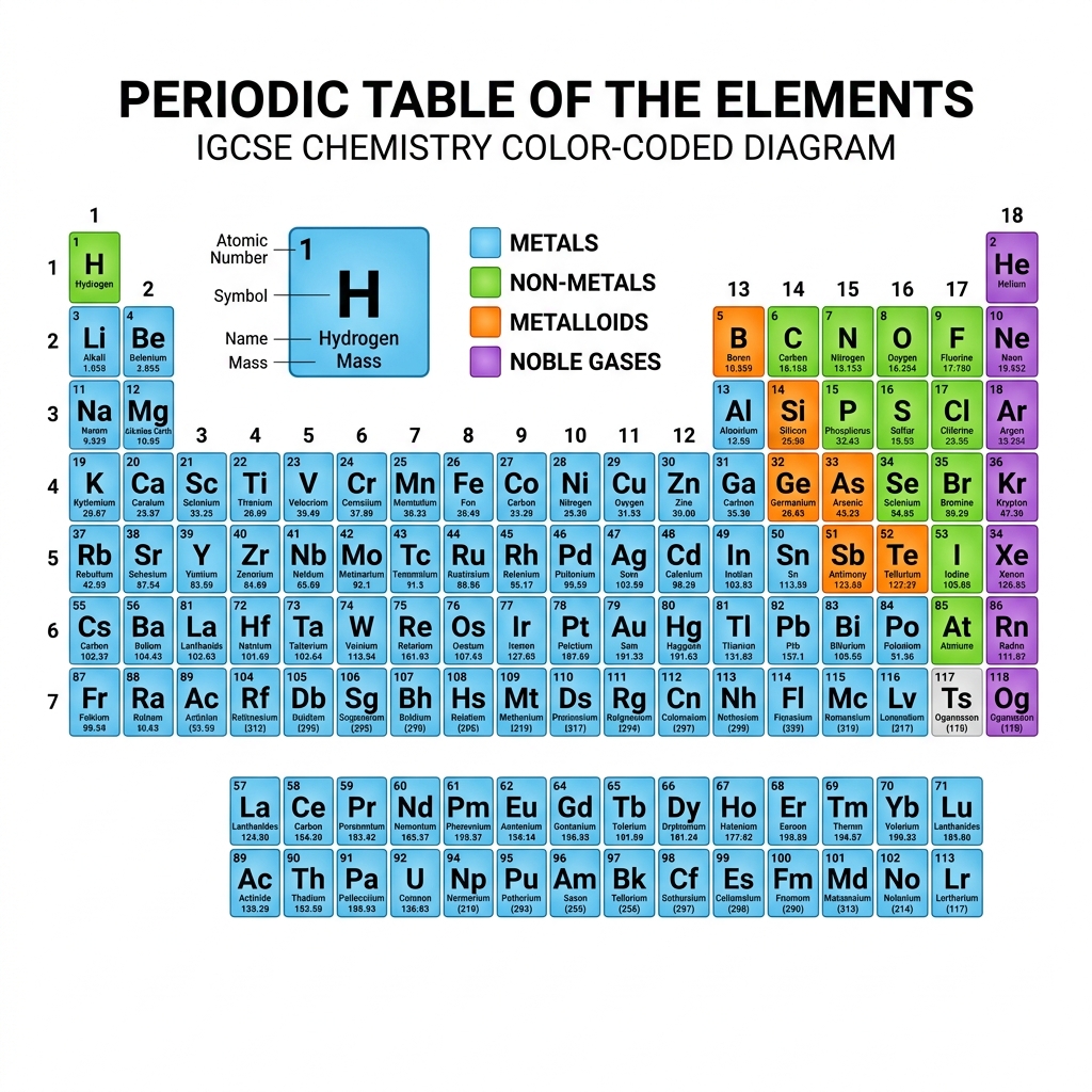Colour-coded periodic table for IGCSE Chemistry showing metals, non-metals, metalloids, and noble gases in distinct colours for visual retrieval practice.