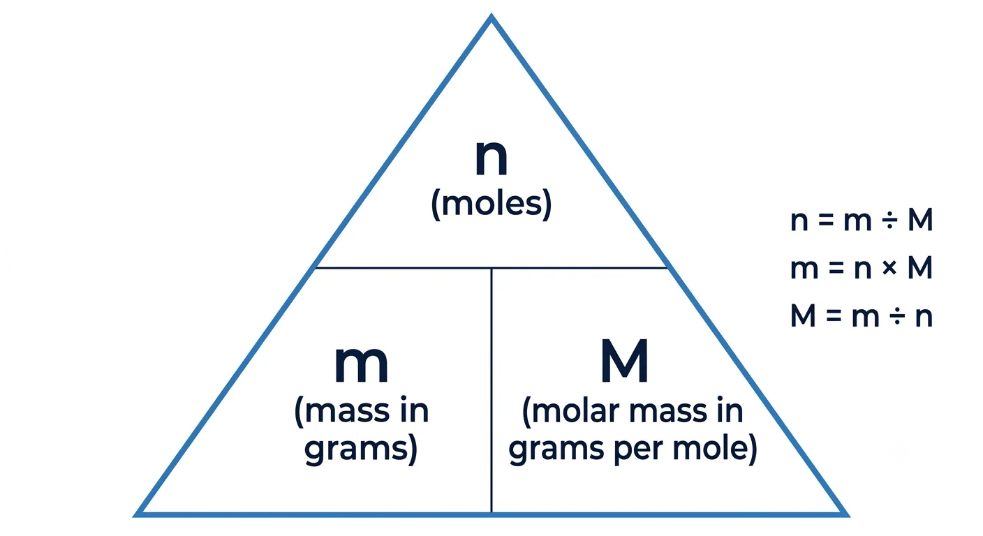 Mole formula triangle chart for IGCSE Chemistry showing n equals m divided by M, m equals n times M, and M equals m divided by n.