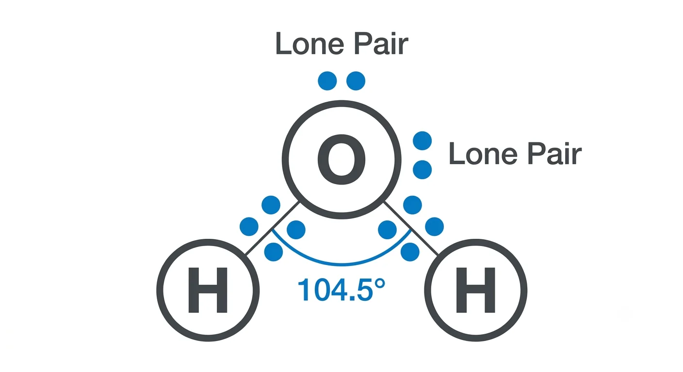 Lewis dot structure of the water molecule H2O showing two lone pairs on oxygen and the 104.5 degree bond angle for IGCSE Chemistry.