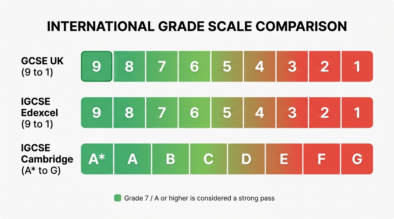 Side-by-side grade scale chart comparing GCSE 9 to 1, Edexcel IGCSE 9 to 1, and Cambridge IGCSE A star to G, showing how the top grades line up across all three systems.