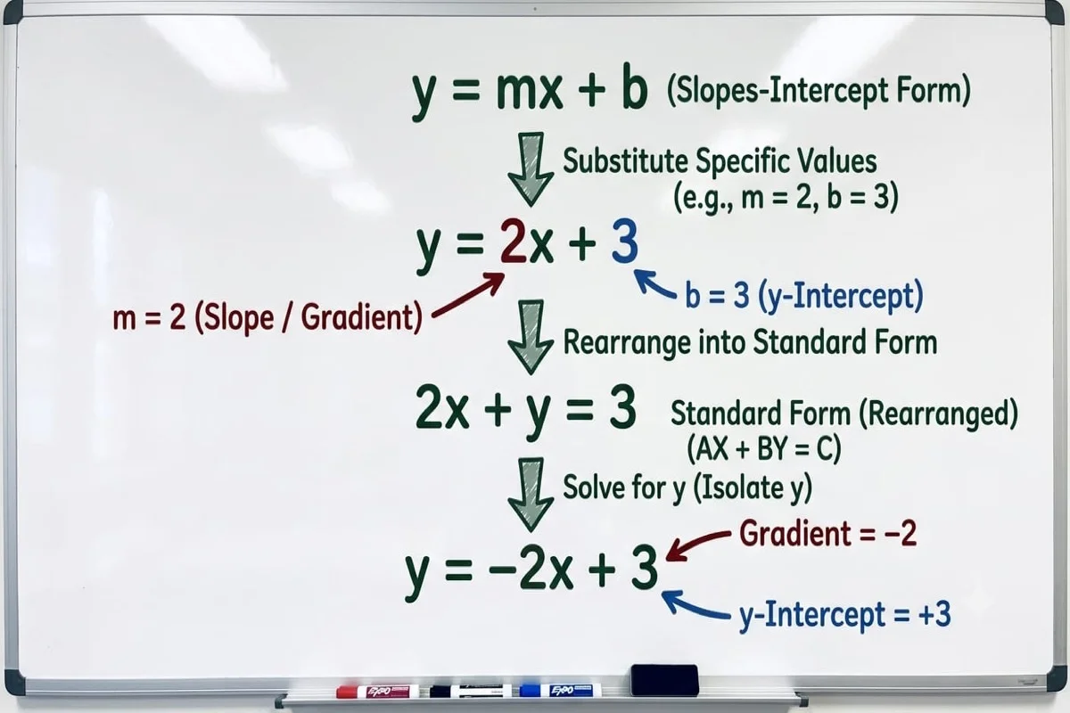 Diagram showing how rearranging 2x plus y equals 3 changes the gradient in an IGCSE maths problem