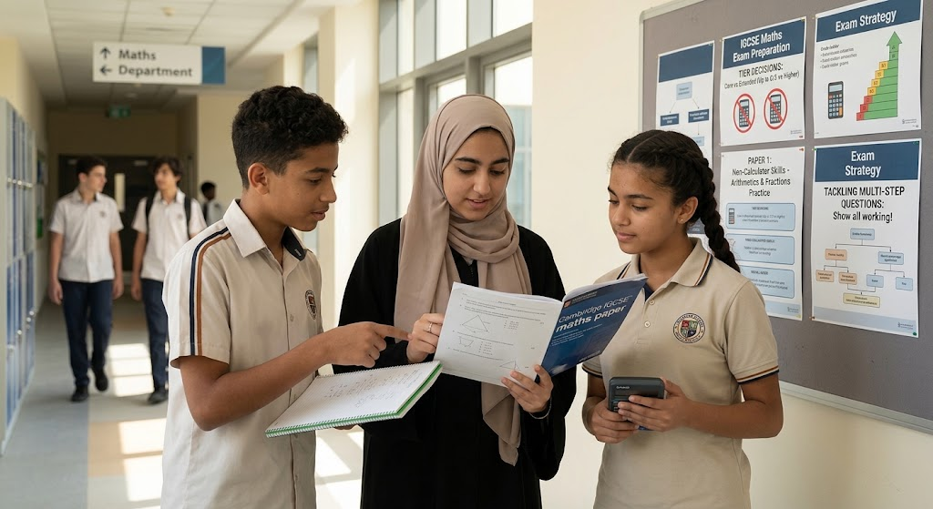 UAE students outside the maths department reviewing a Cambridge IGCSE maths paper beside exam strategy posters