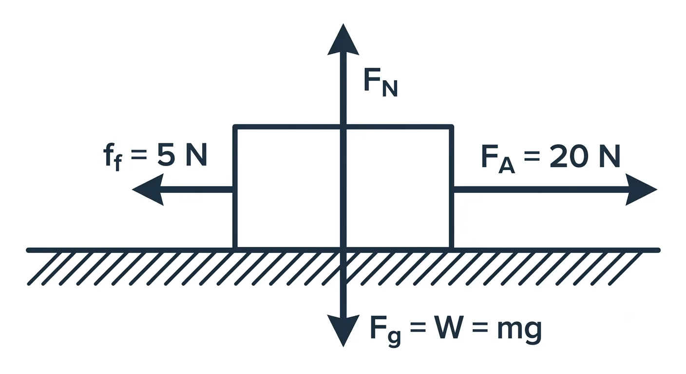 Free body diagram showing applied force, friction, normal force, and weight on a box for an IGCSE Physics F equals m a problem