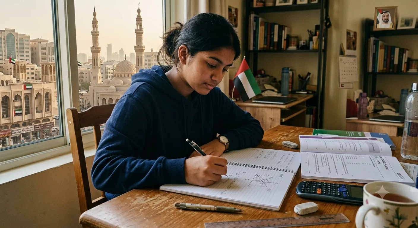 IGCSE Physics student in the UAE revising formulas and free body diagrams at a home study desk
