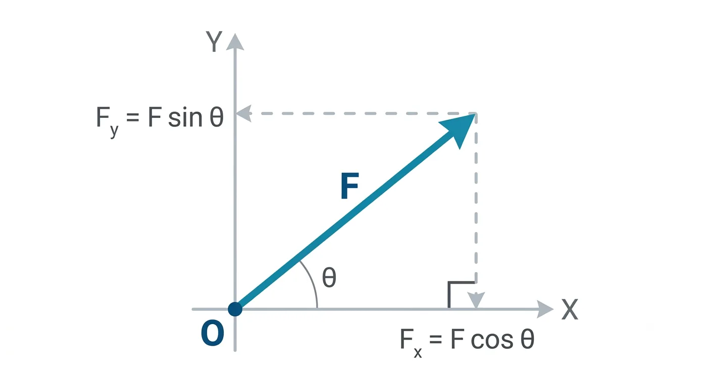 Vector resolution diagram showing a diagonal force split into horizontal and vertical components for IGCSE Physics