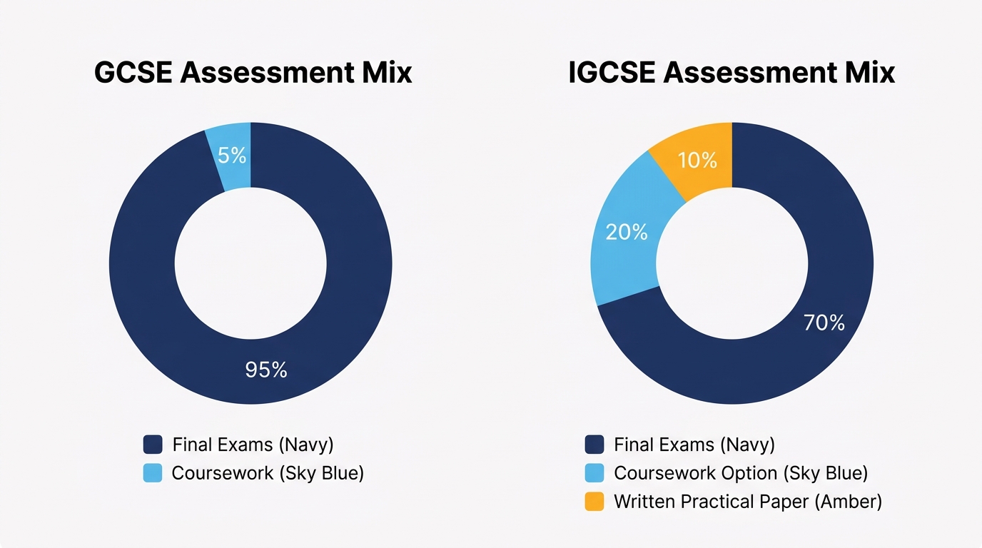 Donut chart comparing assessment types for GCSE and IGCSE, showing GCSE as almost entirely final exams while IGCSE offers a mix of final exams, coursework option, and written practical papers for sciences.