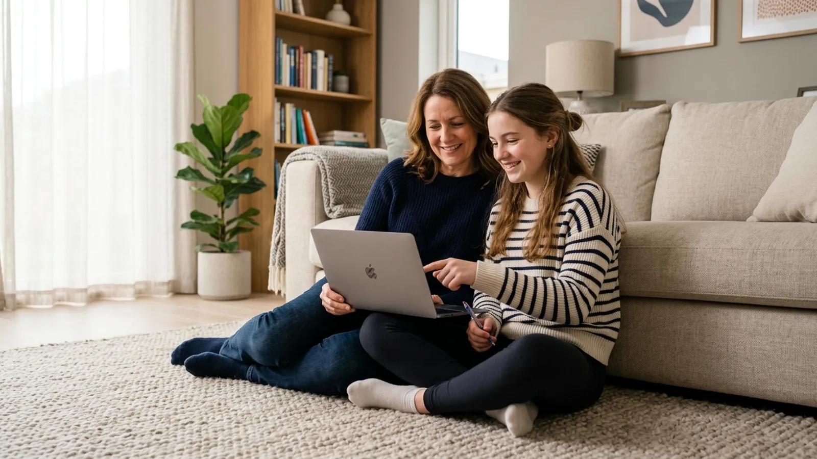 Mother and daughter studying together on laptop for British curriculum guidance