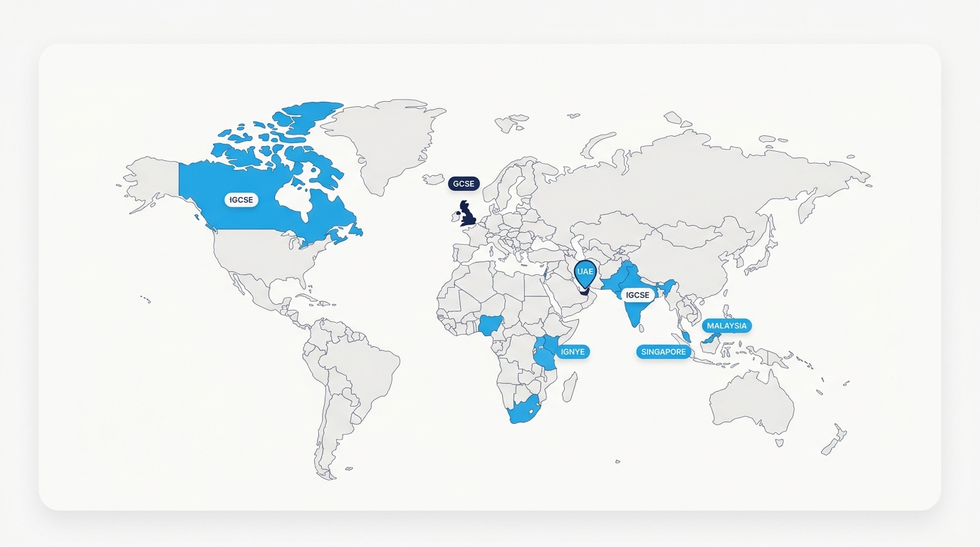 World map illustration showing GCSE mainly used in the United Kingdom, while IGCSE is offered across many countries including the UAE, India, Singapore, Kenya, Malaysia and Canada.
