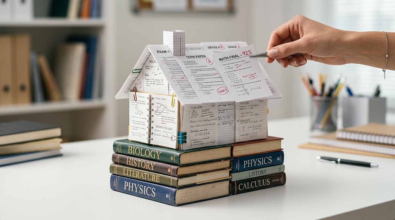 Building foundation and roof metaphor with educational materials