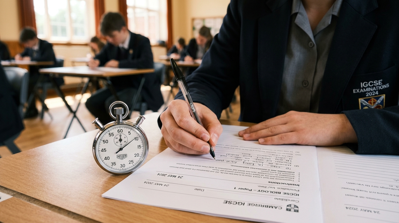Student writing an exam with a stopwatch