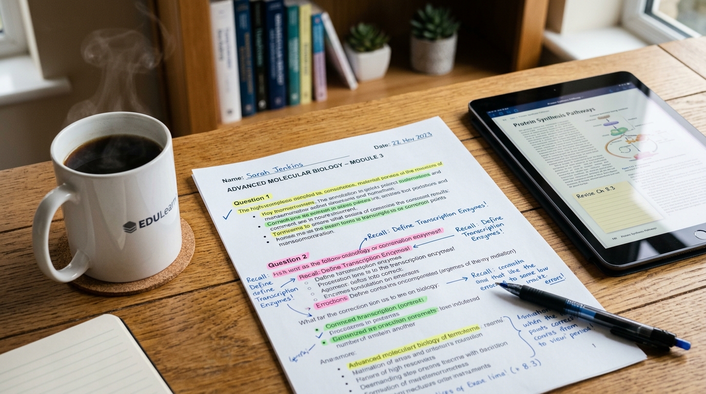 Exam paper with highlights and correction notes