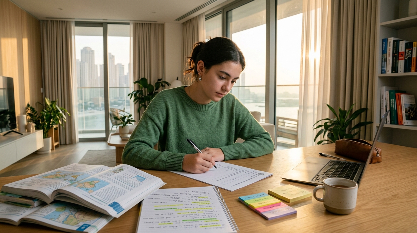 High school student studying at a sunlit wooden desk in Dubai with highlighted revision notes and an open Cambridge exam paper