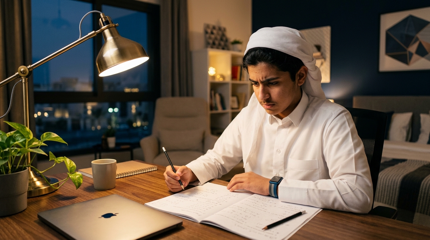 Teenage student looking uneasy at a maths worksheet at a home desk in the UAE