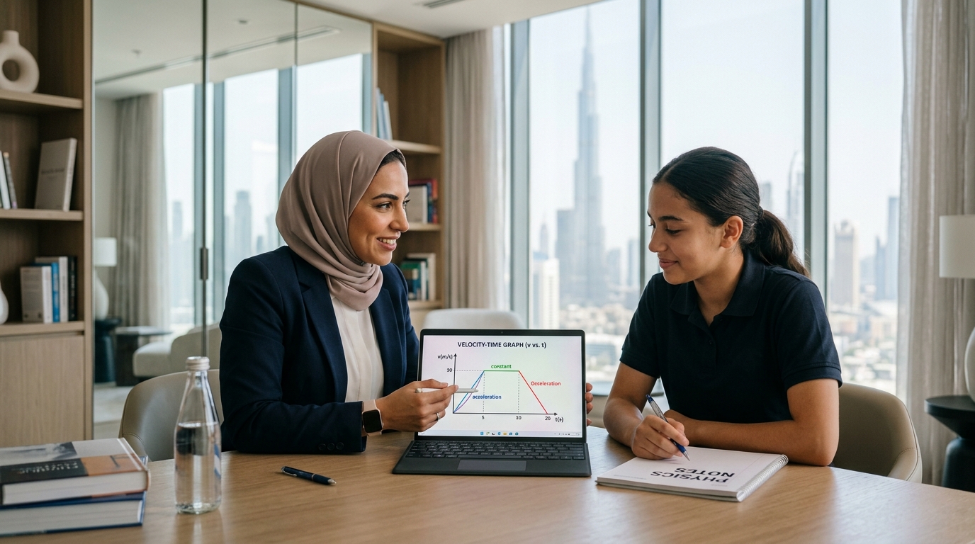 Ustaad specialist tutor coaching a high school student in Dubai through motion graph interpretation