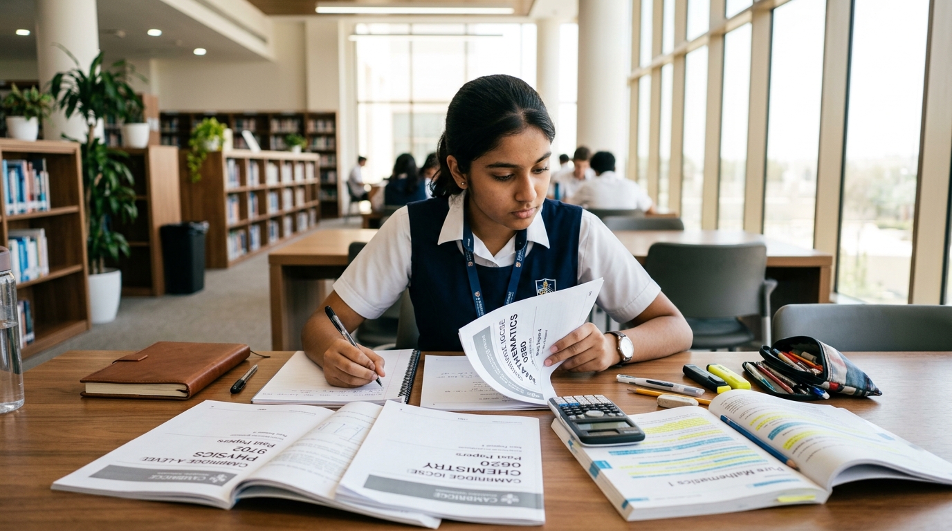 UAE high school student completing structured past paper revision in a modern school library