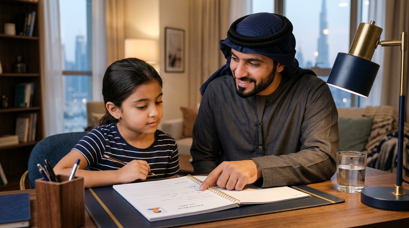 Parent asking a guiding question while a child works through a maths problem