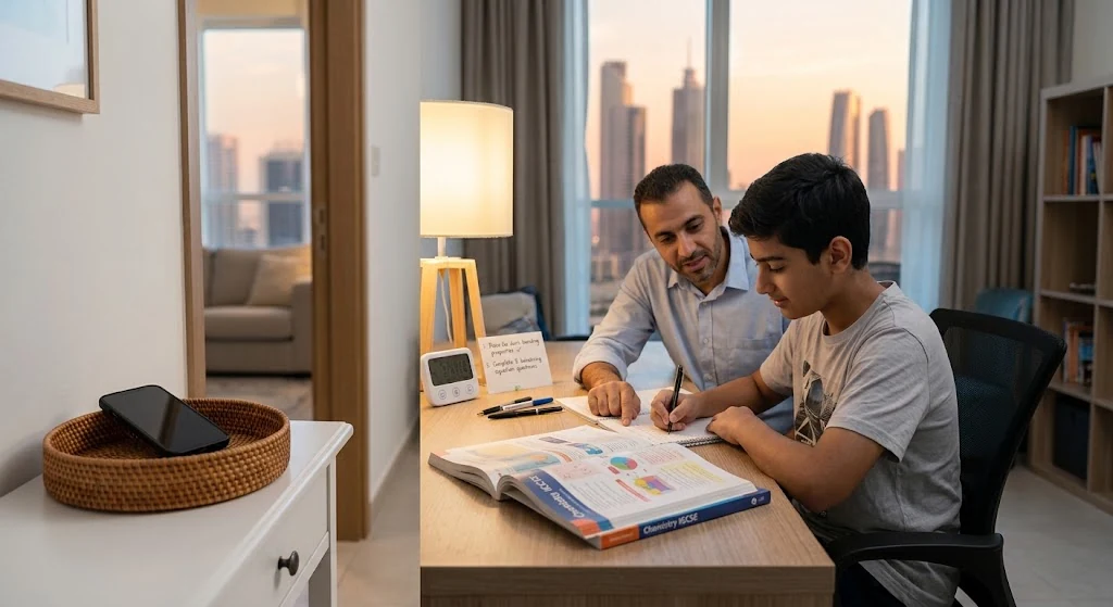 UAE father sitting beside teenage son at study desk helping him start IGCSE revision with clear goals and a timer