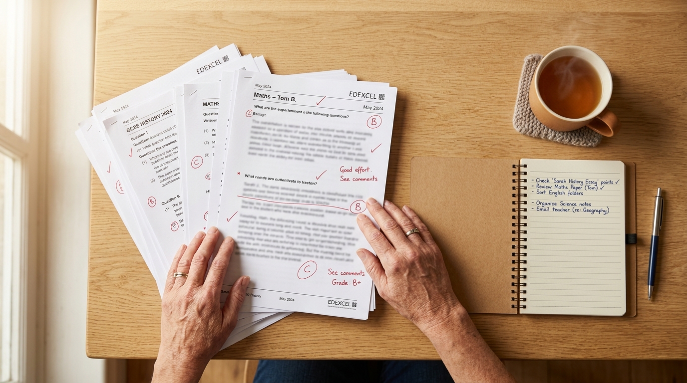 Parent at a home table with a child's marked papers and a short list of questions