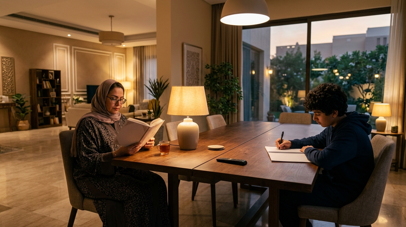 Parent reading quietly at the table while a teenager begins revising