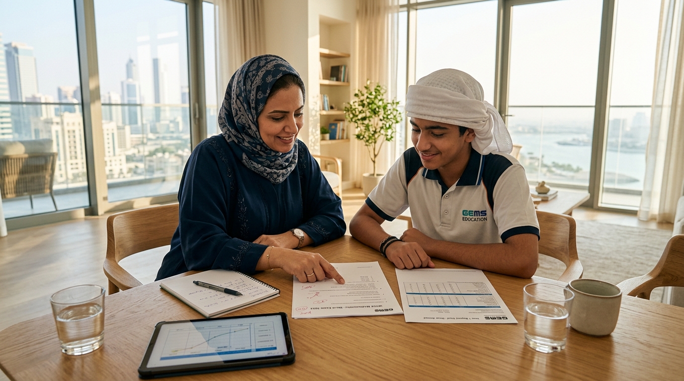 UAE parent and student reviewing a mock exam report together, Ustaad UAE