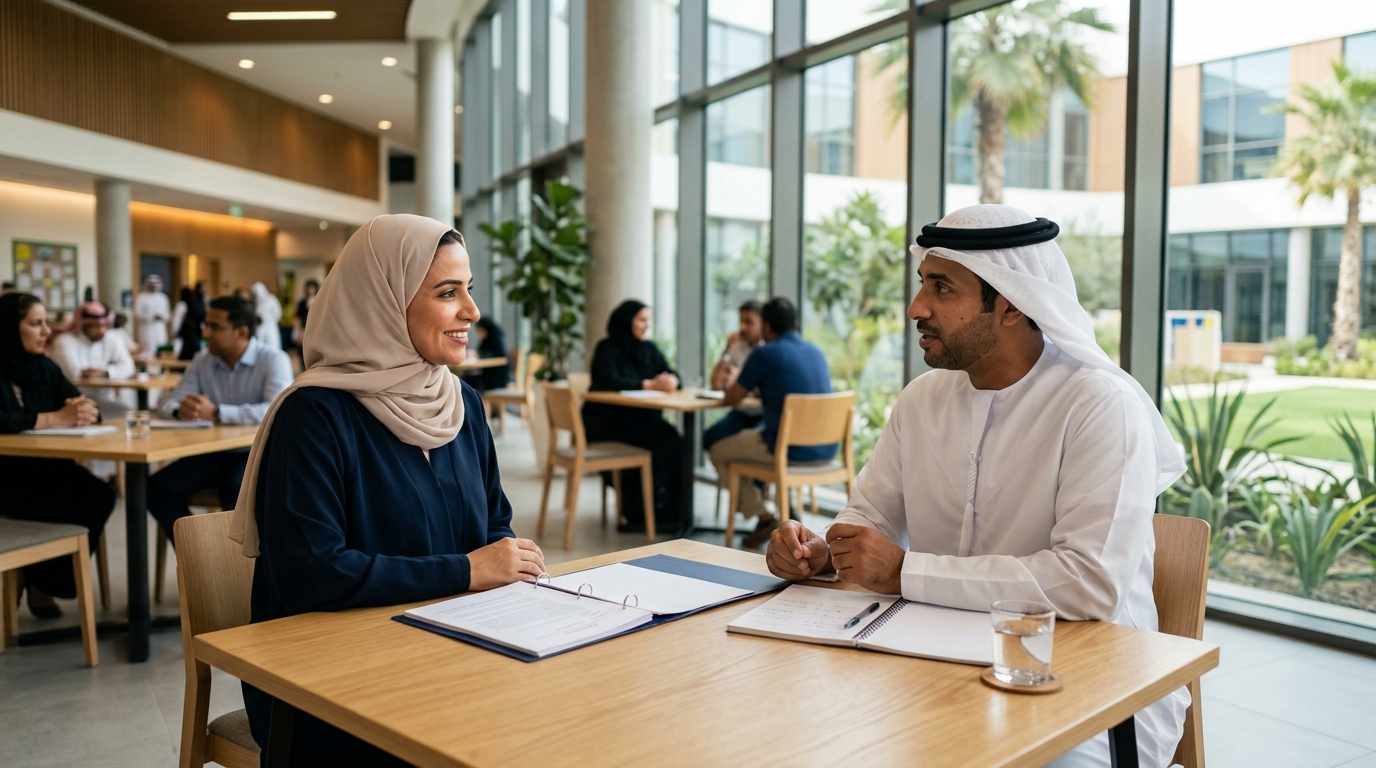 Parent and teacher talking at a table during a secondary-school parent-teacher meeting in the UAE