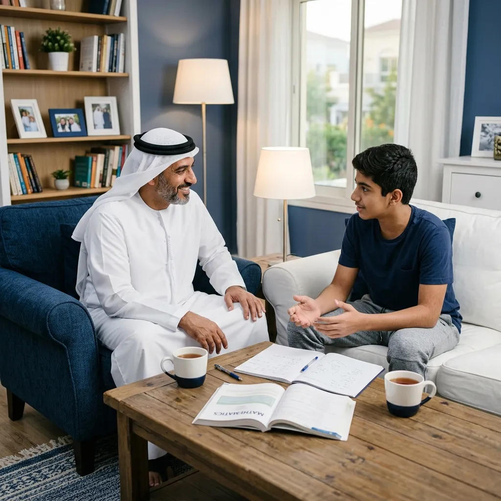 UAE parent and teenager having a calm conversation about study habits and managing exam pressure at home