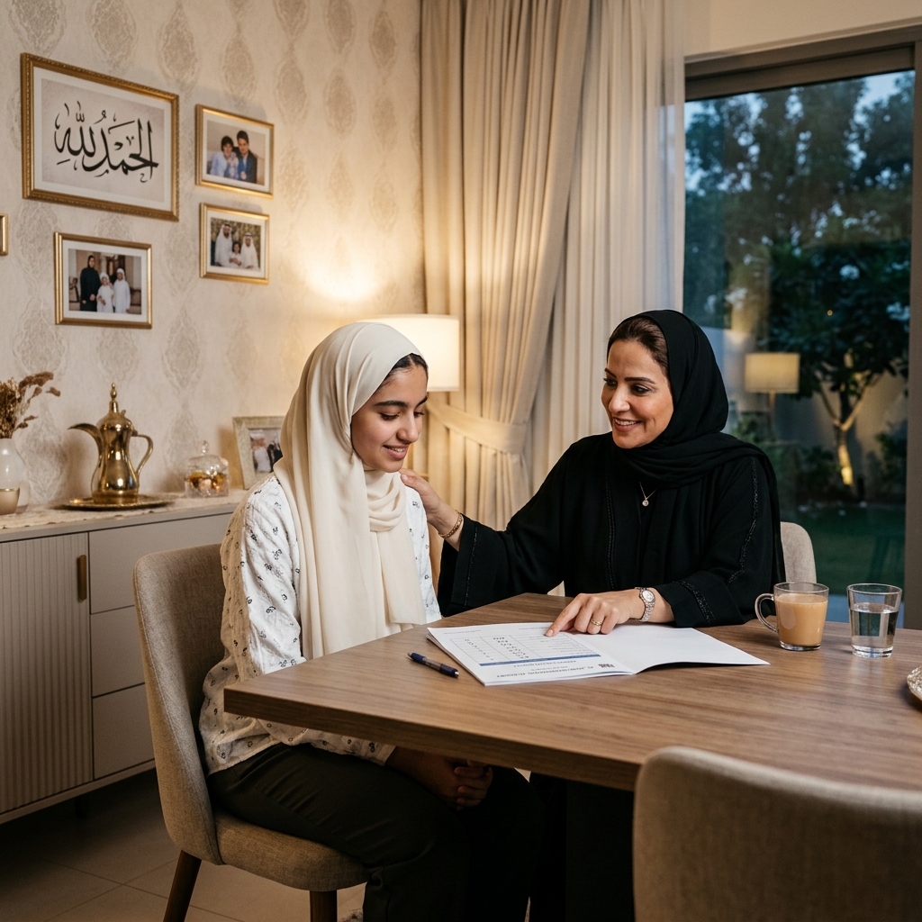 Parent and high school student having a calm discussion about a school progress report
