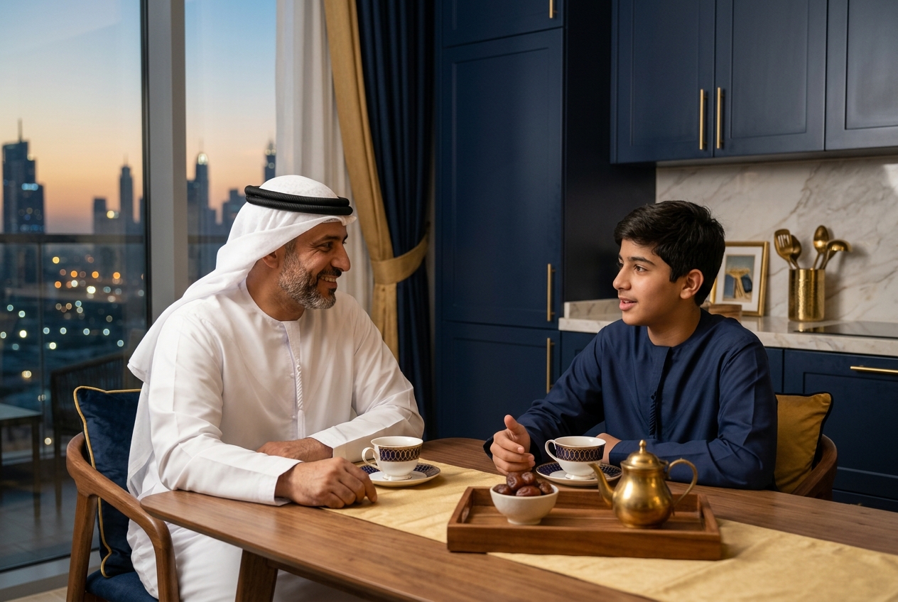 A UAE father and son having a calm conversation over tea with the Dubai skyline visible in the background