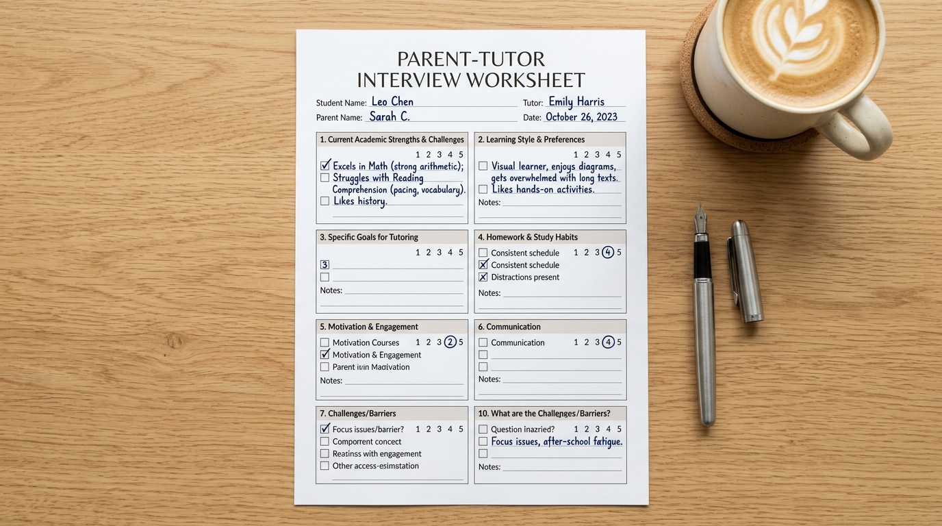 Printable Parent Tutor Interview Worksheet with checklist and rating fields