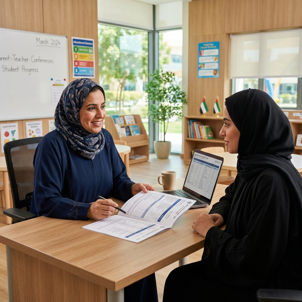 Parent and teacher discussing student report card in a school office