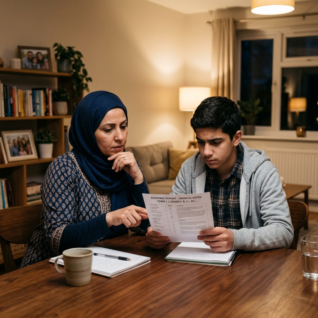 Parent and student reviewing a report card together at home