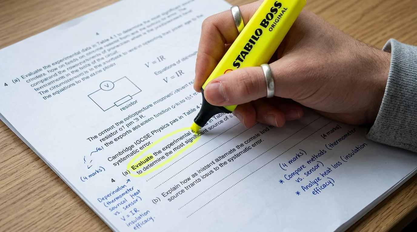 Student study desk in the UAE with past paper exam papers, mark schemes, and examiner reports
